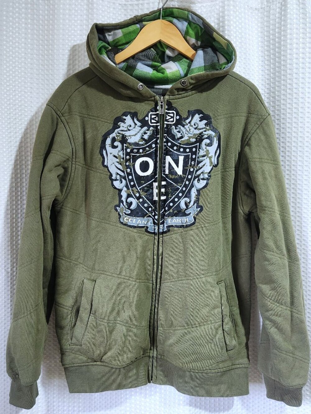Vintage 2000s Ocean Earth Hoodie Mens Large Olive Green Plaid Thermal Full Zip